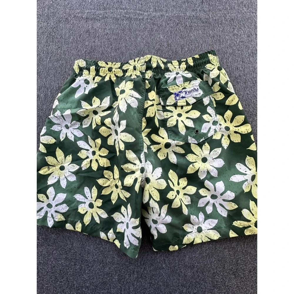 Trunks Swim Shorts Men's Large Green‎ Yellow Floral Quick Dry Elastic Waist